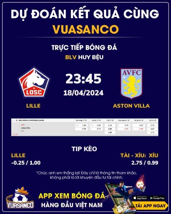 Soi kèo Lille vs Aston Villa – 23h45 – 18/04 – Europa League