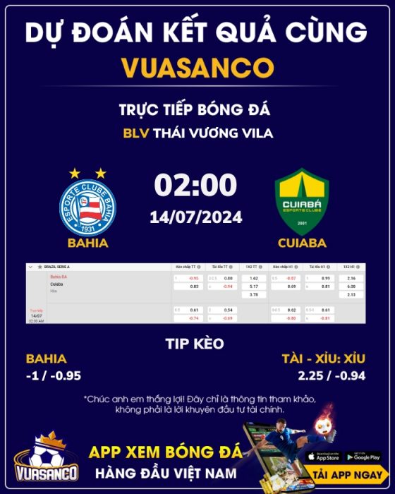 Soi kèo Bahia vs Cuiaba – 02h00 – 14/07 – VĐQG Brazil