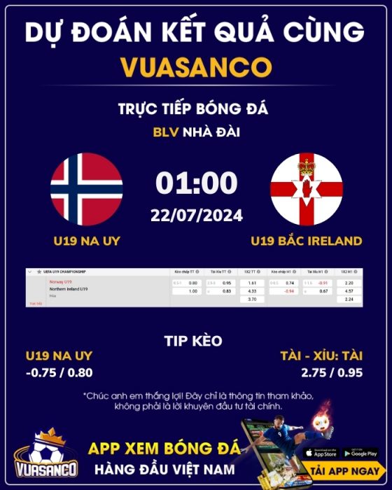 Soi kèo U19 Na Uy vs U19 Bắc Ireland – 01h00 – 22/07 – U19 Châu Âu