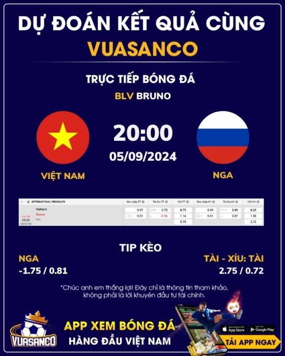 Soi kèo Việt Nam vs Nga – 20h00 – 05/09 – LPbank Cup