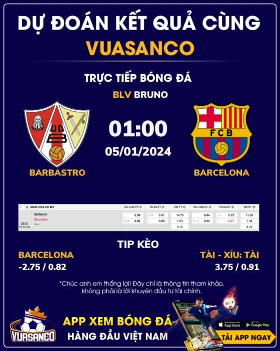 Soi kèo Barbastro vs Barcelona – 01h00 – 05/01 – Cúp Nhà Vua TBN