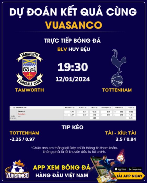 Soi kèo Tamworth vs Tottenham – 19h30 – 12/01 – Cúp F