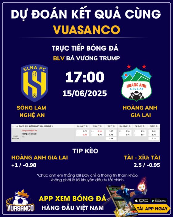 Soi kèo Sông Lam Nghệ An vs Hoàng Anh Gia Lai – 17h00 – 15/06 – V-League