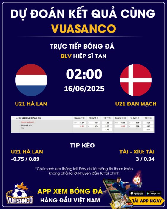 Soi kèo U21 Hà Lan vs U21 Đan Mạch – 02h00 – 16/06 – U21 Euro