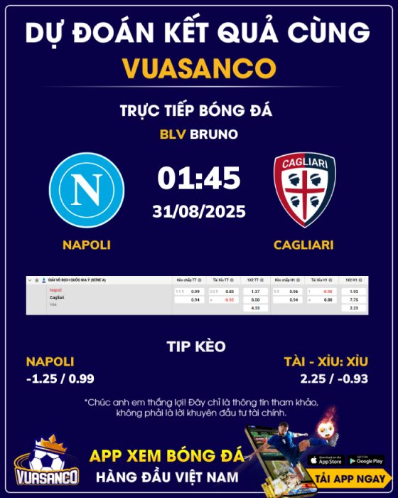Soi kèo Napoli vs Cagliari – 01h45 – 31/08 – Serie A