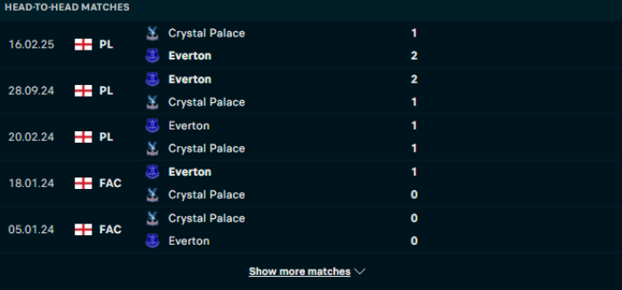 Lịch sử đối đầu Everton vs Crystal Palace